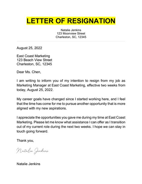 what to write in a resignation letter example