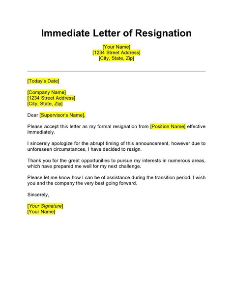what to write in a resignation letter with immediate effect