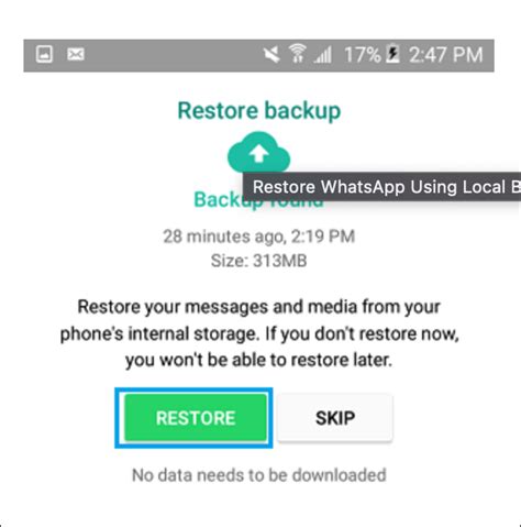 Proses restore chat WhatsApp dari local backup di penyimpanan internal