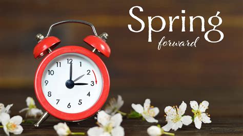 Daylight Saving Time Begins banner. Spring Forward. Reminder guide with clocks change one hour