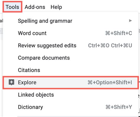 where is explore tool in google docs