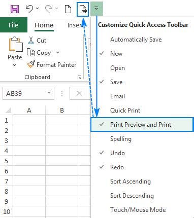 where is the print button on the excel menu bar