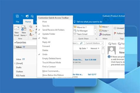 where is the quick access toolbar in outlook email