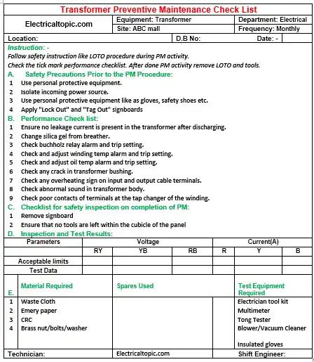 Which Is Not A Preventive Maintenance Schedule Of A Transformer
