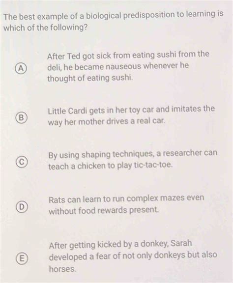 which of the following is the best example of learning predisposition