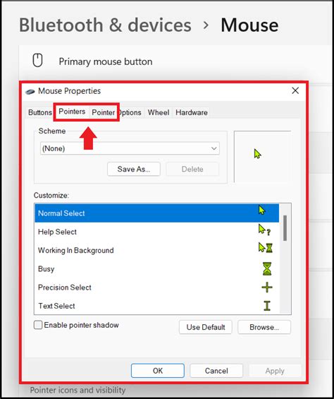 which tab is used to change shape of the mouse pointer