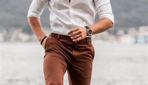 Men's White Long Sleeve Shirt, Grey Plaid Dress Pants, Brown Suede