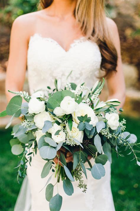 white and green wedding bouquet with eucalyptus EmmaLovesWeddings