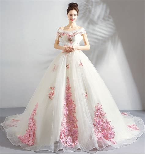 2017 Latest Wedding Dresses Glamorous Flowers Pink/White/Ivory Ball