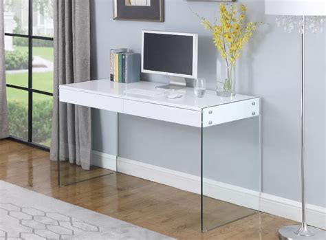 Makenna Home & Office Workstation Computer Desk, White Metal Frame & Glass Top, Transitional