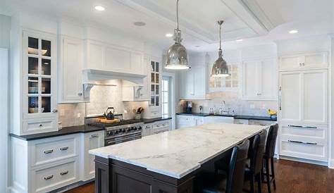 White Kitchen With Black Granite Island Flamed Countertops Transitional