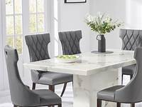 Stylish white marble dining table with 6 grey chairs Homegenies