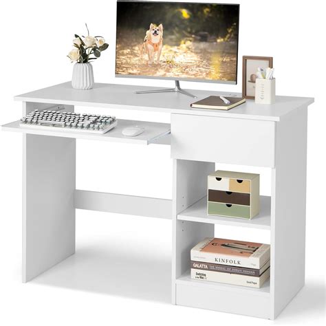 White Computer Desk With Keyboard Shelf