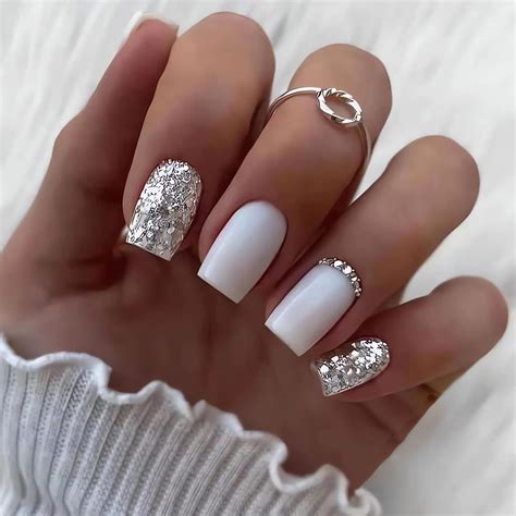 White Glitter Rhinestone Nails