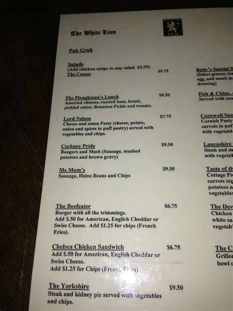 White Lion Menu, Menu podniku White Lion, Southern Hills, Tulsa