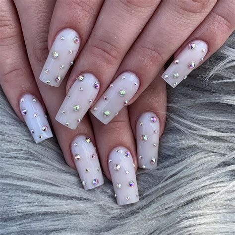 Coffin Short White Acrylic Nails With Diamonds My Cruise Myway