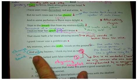 William Shakespeare Sonnet 130 Analysis Line By Line The Meaning Gcse English Marked Teachers Com