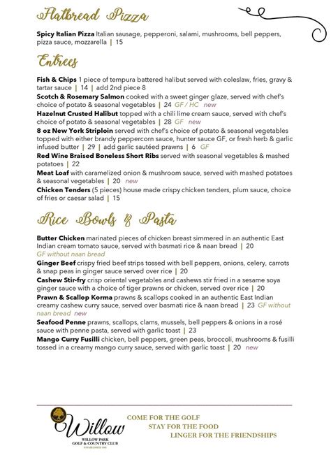 willow park golf and country club menu