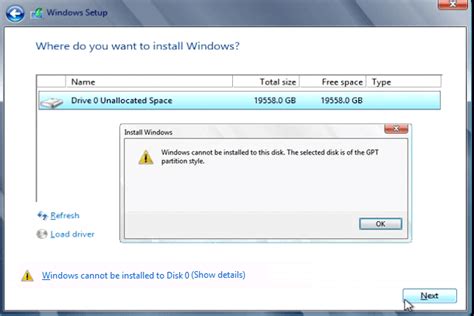 windows 10 installation error gpt partition style