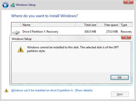 windows installation error gpt partition style