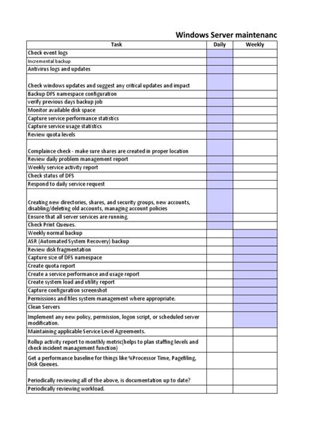 Windows Server Preventive Maintenance Checklist Template