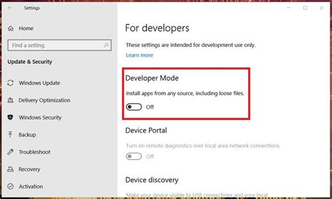 windows settings for developers