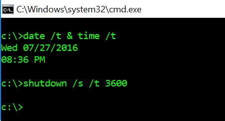 windows shutdown command timer 1 hour