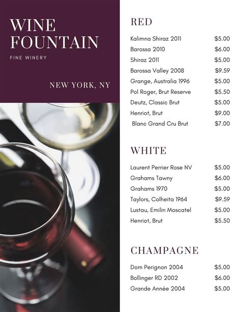 Menugo Wine Tasting List Menu Template