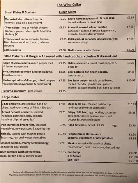 Wine Cellar Dinner Menu