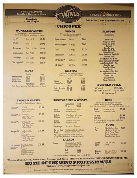 Wings Over Westfield Printable Menu