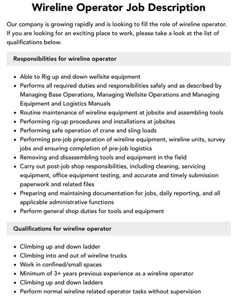 Wireline Engineer Job Description
