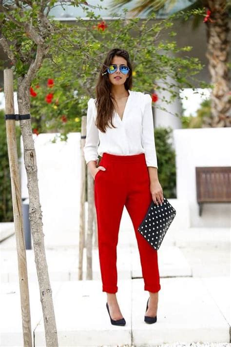 women red pants outfit