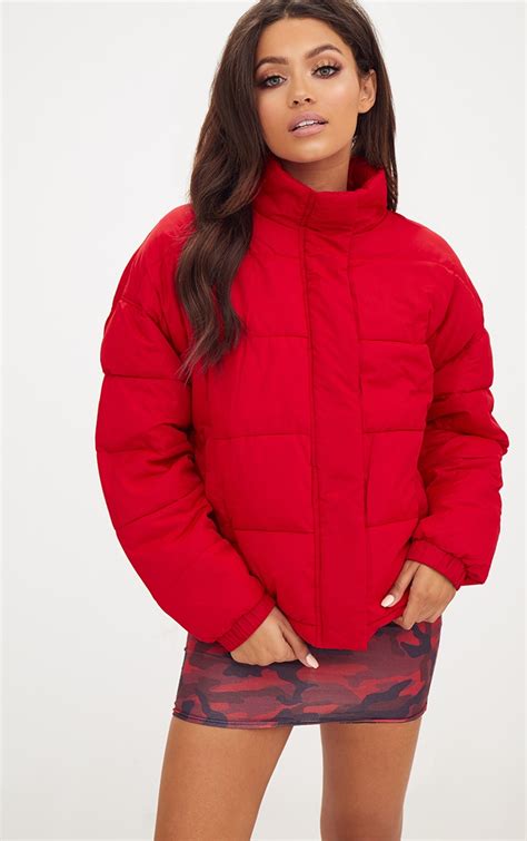 women red puffer jacket