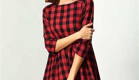 Womens Red And Black Plaid Dress Pockets 3/4 Sleeve Checkered Tunic Casual
