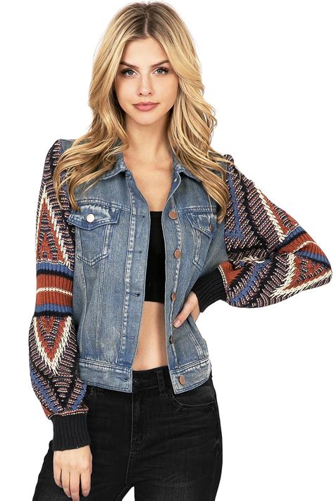 womens jean jacket with knit sleeves