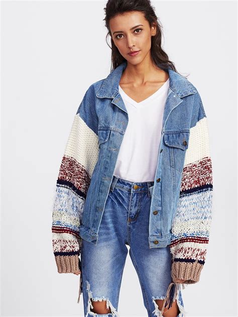 womens jean jacket with knit sleeves