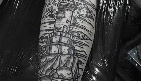 Woodcut Lighthouse Tattoo In scrimshaw Style s