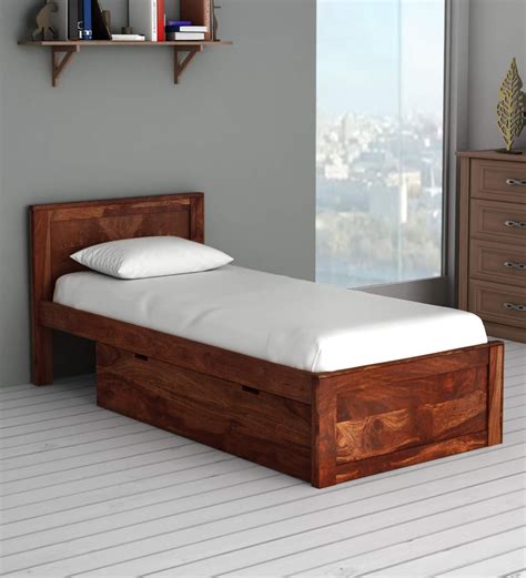 Buy Oriel Solid Wood Single Bed with Storage in Honey oak Finish