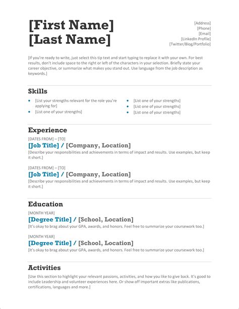 word cv format simple