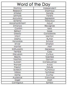 word of the day list with meaning and examples