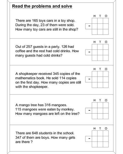 word problem involving subtraction printable template