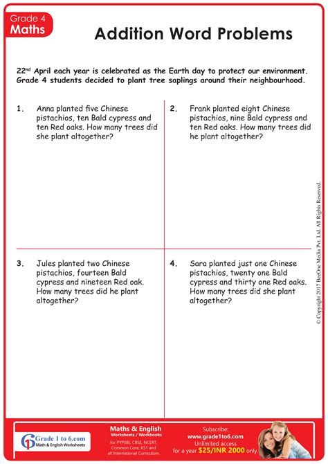 word problems for class 4 with answers addition