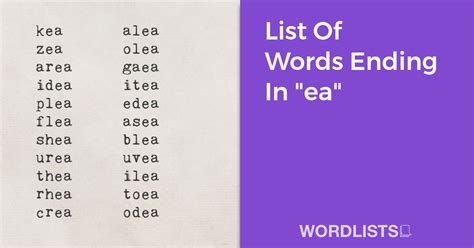 Words Ending in Ea List
