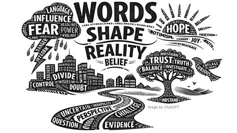 Words forming a globe, representing the shaping of reality