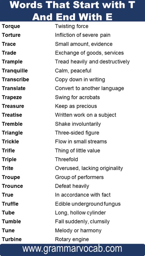 words start with t and end with e