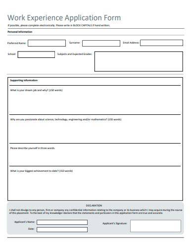 work experience application form template