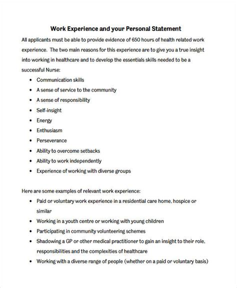 work experience statement examples