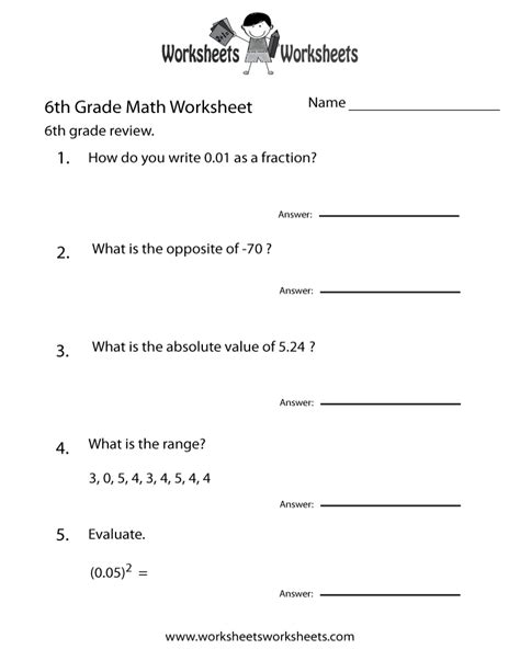 work for 6th graders printable template