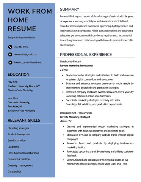 work from home resume template free