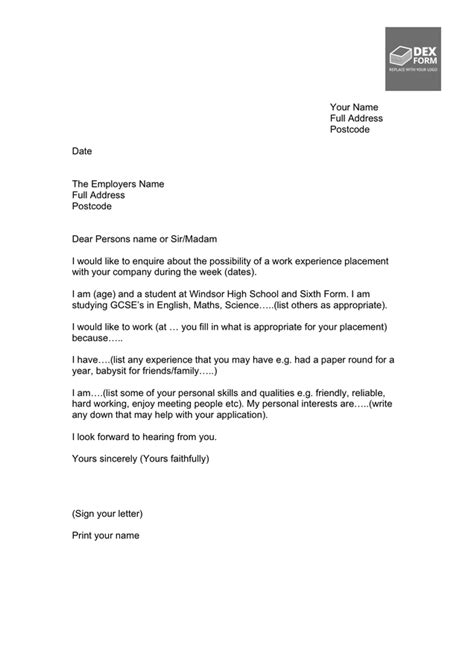 work placement application letter examples